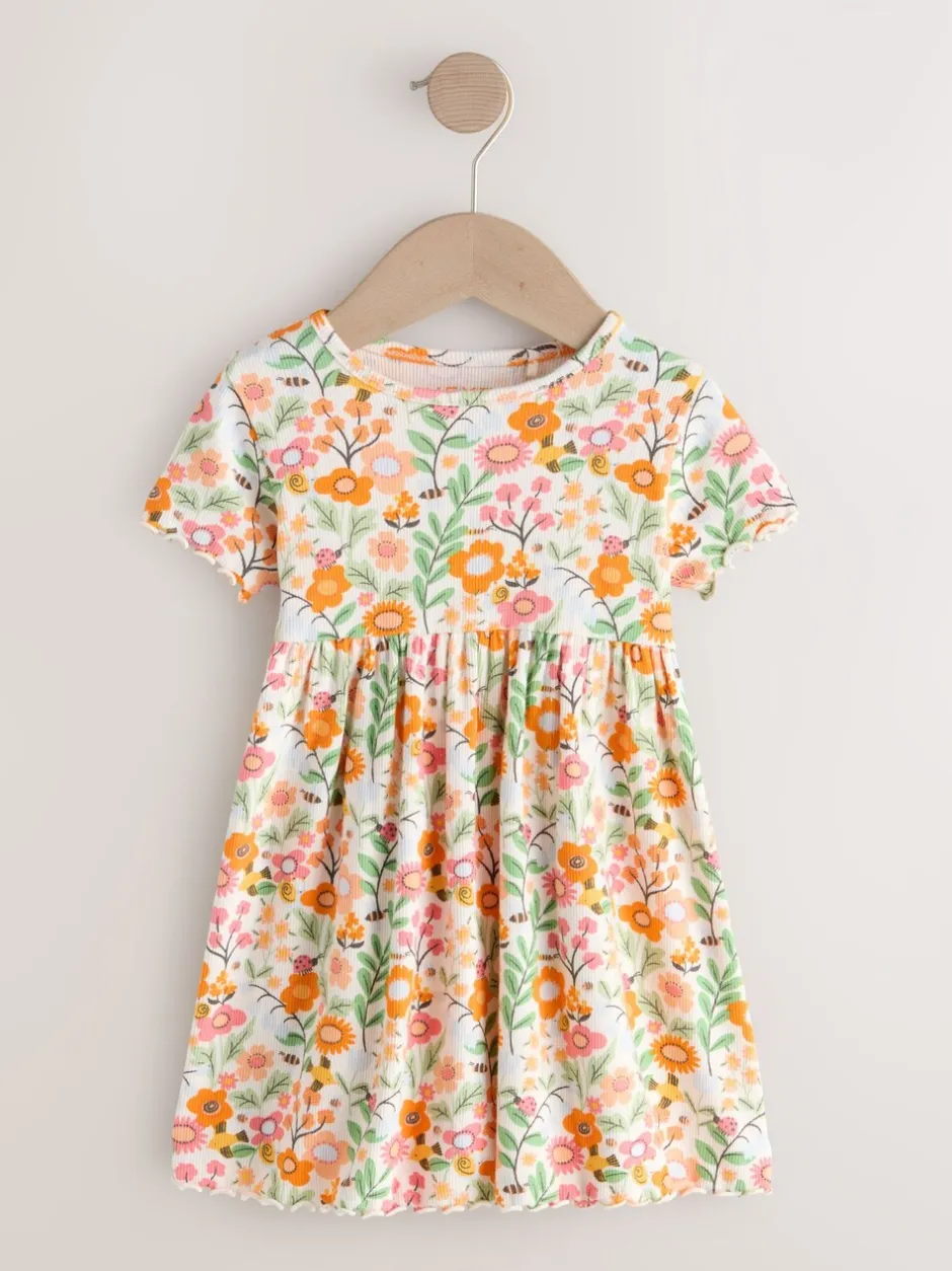 Jurken|Next - Short Sleeve Ribbed Dress (3mths-7yrs) Oranje met bloemen