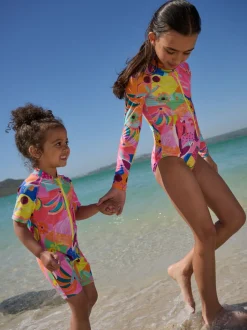 Badkleding|Next Oranje tropisch - Long Sleeve Sunsafe Swimsuit (3mths-16yrs)
