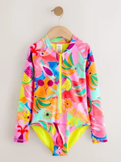 Badkleding|Next Oranje tropisch - Long Sleeve Sunsafe Swimsuit (3mths-16yrs)