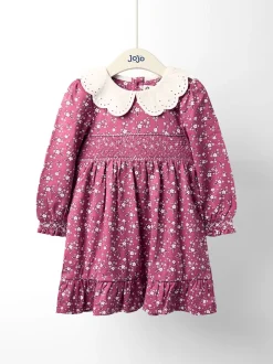 Gelegenheidskleding*Jojo Maman Bébé - Smocked Jersey Dress with Broderie Collar Oudroze met bloemenprint