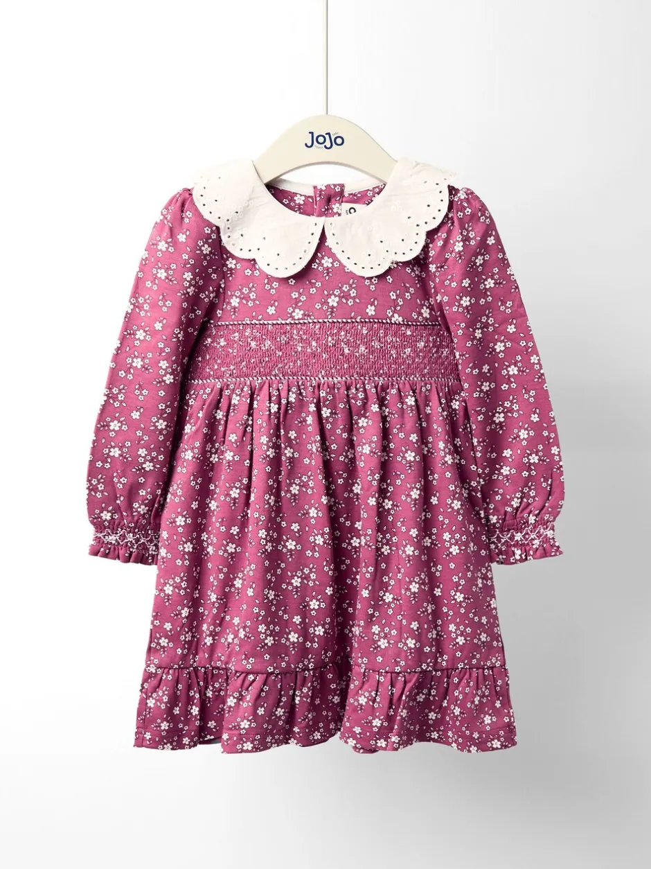 Gelegenheidskleding*Jojo Maman Bébé - Smocked Jersey Dress with Broderie Collar Oudroze met bloemenprint