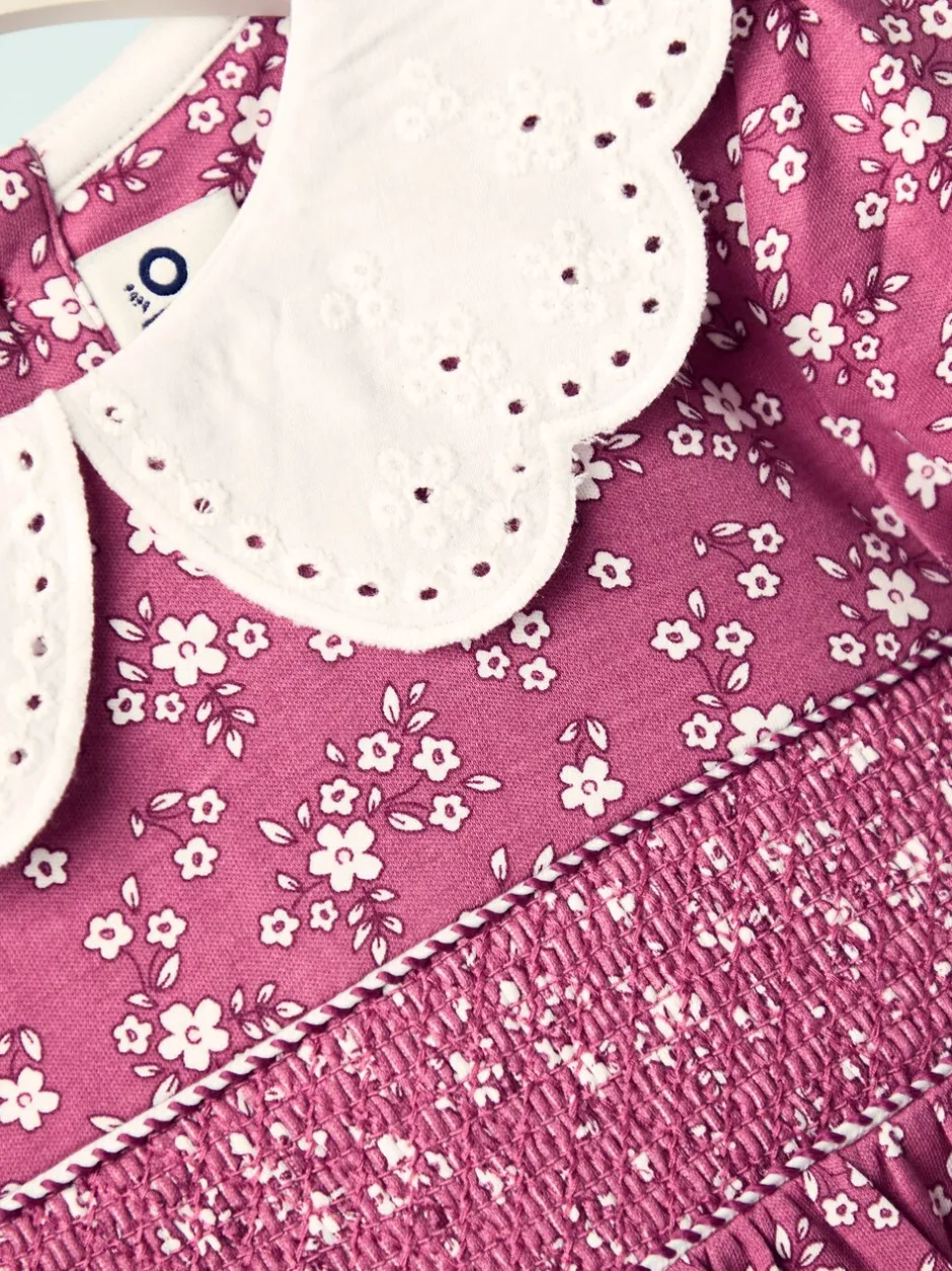 Gelegenheidskleding*Jojo Maman Bébé - Smocked Jersey Dress with Broderie Collar Oudroze met bloemenprint