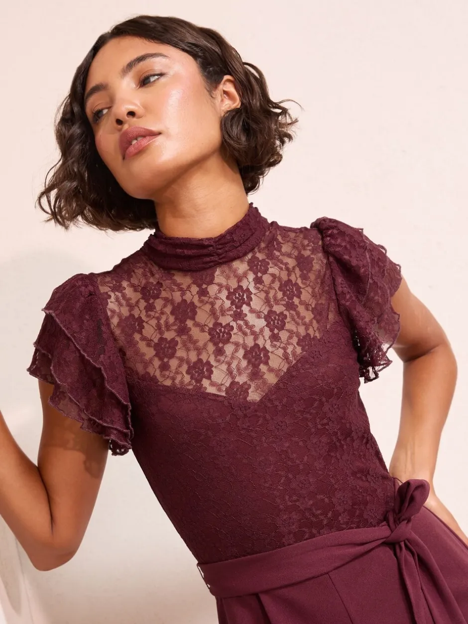 Jumpsuits En Playsuits*Friends Like These - jumpsuit van kant en scubamix met ruches aan de mouwen Paars