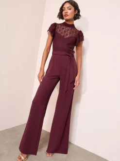 Jumpsuits En Playsuits*Friends Like These - jumpsuit van kant en scubamix met ruches aan de mouwen Paars