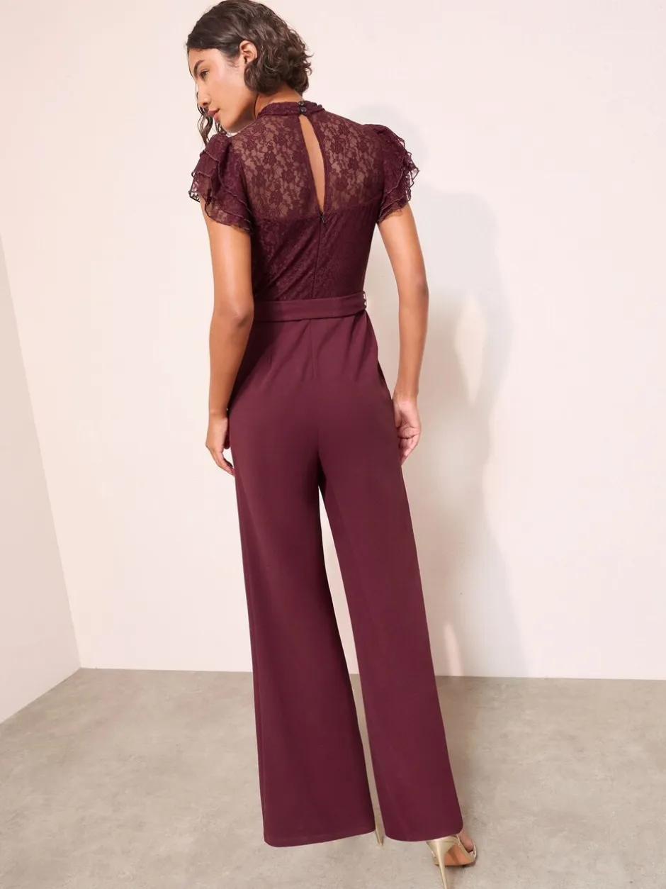 Jumpsuits En Playsuits*Friends Like These - jumpsuit van kant en scubamix met ruches aan de mouwen Paars