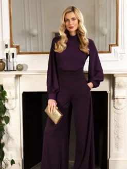 Jumpsuits En Playsuits|Hot Squash - HotSquash jumpsuit met wijde pijpen en blousonmouwen Paars
