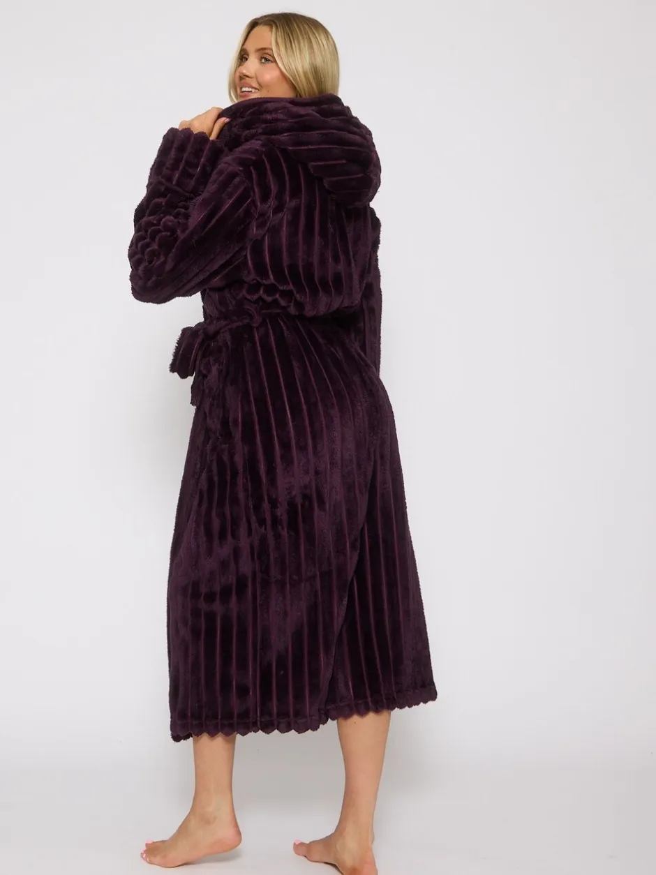 Badjassen*Loungeable - Plush Ridged Fleece Midi Hooded Dressing Gown Paars