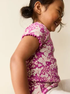 T-Shirts|Next - Short Sleeve Rib T-Shirt (3mths-7yrs) Paars met bloemen