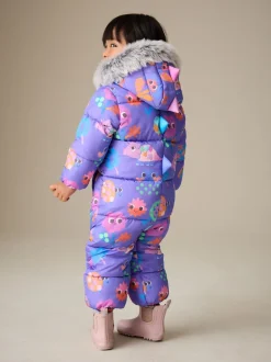 Jassen, Jacks En Kinderwagenpakjes|Jassen En Jacks|Next - Regenbestendig sneeuwpak met imitatiebont (3mnd-7jr) Paars met figuurtjes
