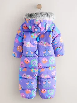 Jassen, Jacks En Kinderwagenpakjes|Jassen En Jacks|Next - Regenbestendig sneeuwpak met imitatiebont (3mnd-7jr) Paars met figuurtjes