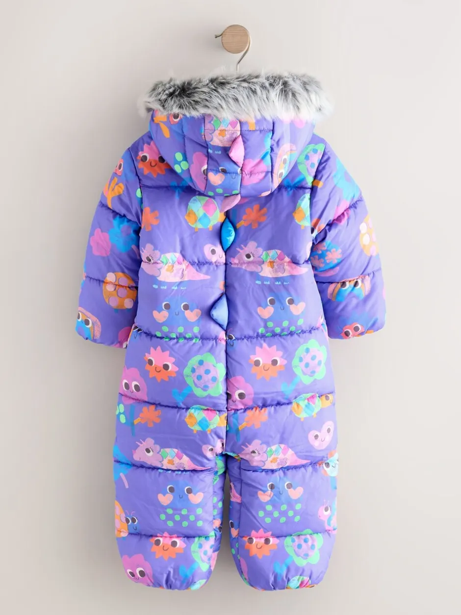 Jassen, Jacks En Kinderwagenpakjes|Jassen En Jacks|Next - Regenbestendig sneeuwpak met imitatiebont (3mnd-7jr) Paars met figuurtjes