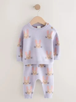 Gebreide Kleding|Next - Gebreide babytrui en leggings set 2 -delig (0mnd -2jr) Paars met konijnenprint