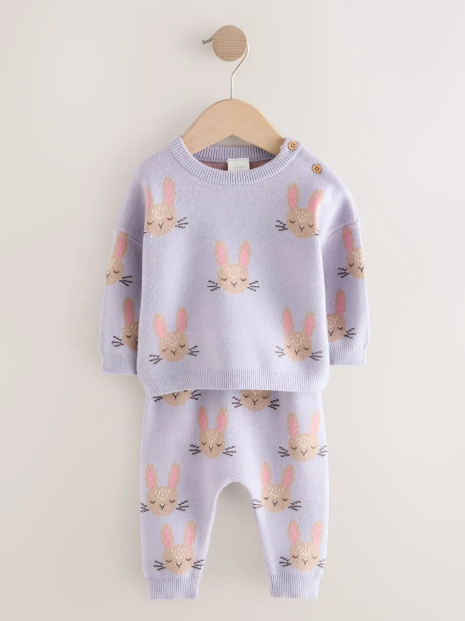 Gebreide Kleding|Next - Gebreide babytrui en leggings set 2 -delig (0mnd -2jr) Paars met konijnenprint