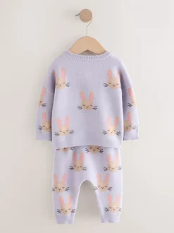 Gebreide Kleding|Next - Gebreide babytrui en leggings set 2 -delig (0mnd -2jr) Paars met konijnenprint