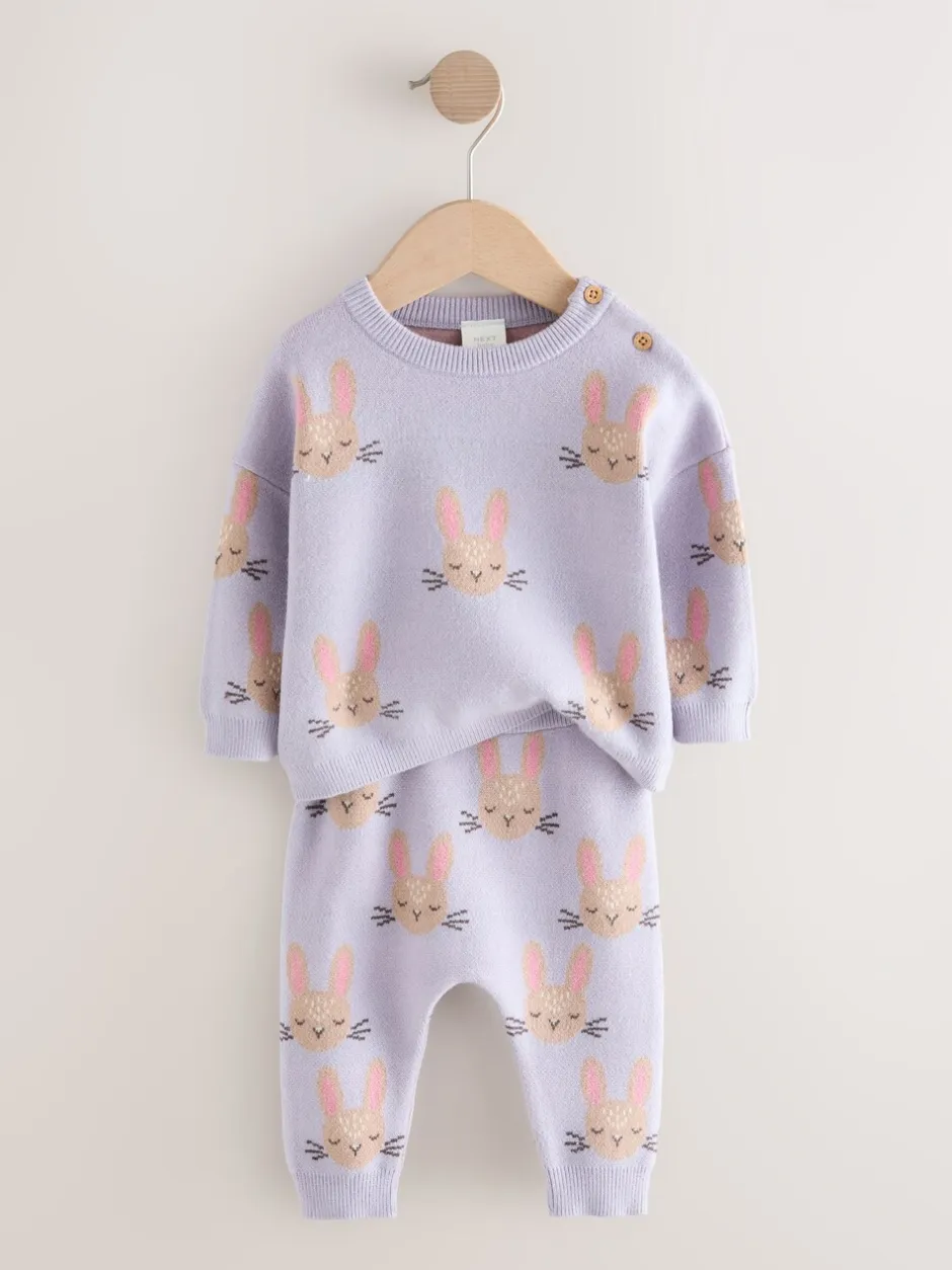 Gebreide Kleding|Next - Gebreide babytrui en leggings set 2 -delig (0mnd -2jr) Paars met konijnenprint