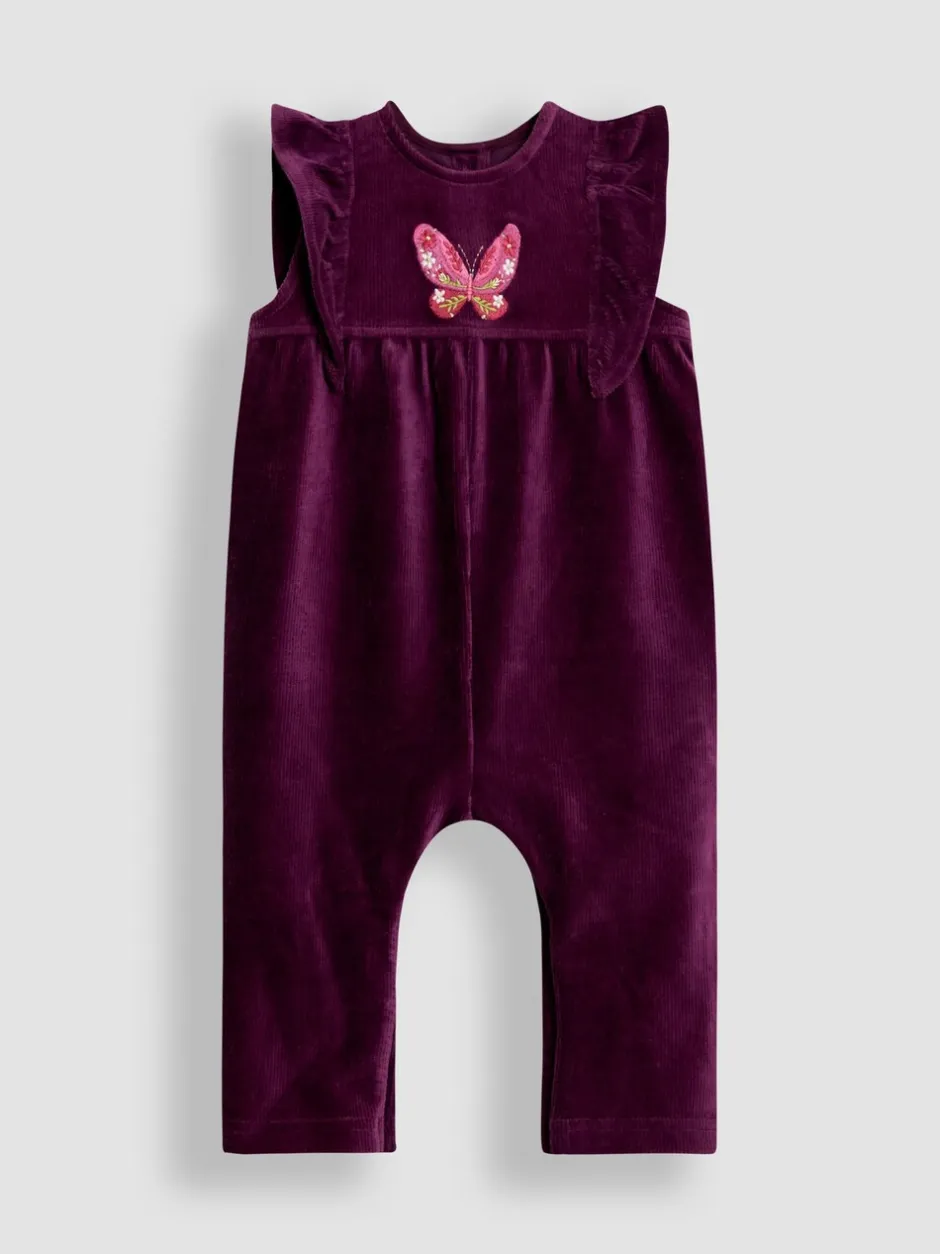 Jumpsuits En Playsuits*Jojo Maman Bébé - Appliqué Velour Dungarees & Top Set Paars met vlinderprint