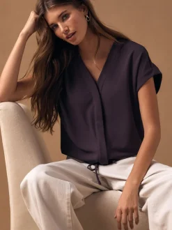 Blouses En Overhemden*Next - V-Neck Short Sleeved Tie Waist Top Paarsblauw