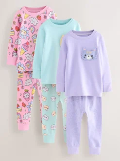 Multipacks|Nachtkleding En Pyjama's|Next - Verpakking van 3 knusse pyjama's (9 mnd-10 jr) Paarse kattenprint