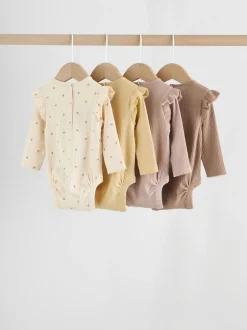 Rompertjes En Hemdjes*Next - Verpakking van 4 babyrompers met lange mouwen en ruches (0mnd-2jr) Paars/geel/crème met fijne print