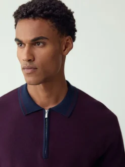 Poloshirts*Next Paars/marineblauw - Half met rits - Regular Fit Premium Mid Weight Long Sleeve Knit Polo Shirt