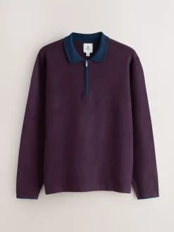 Poloshirts*Next Paars/marineblauw - Half met rits - Regular Fit Premium Mid Weight Long Sleeve Knit Polo Shirt