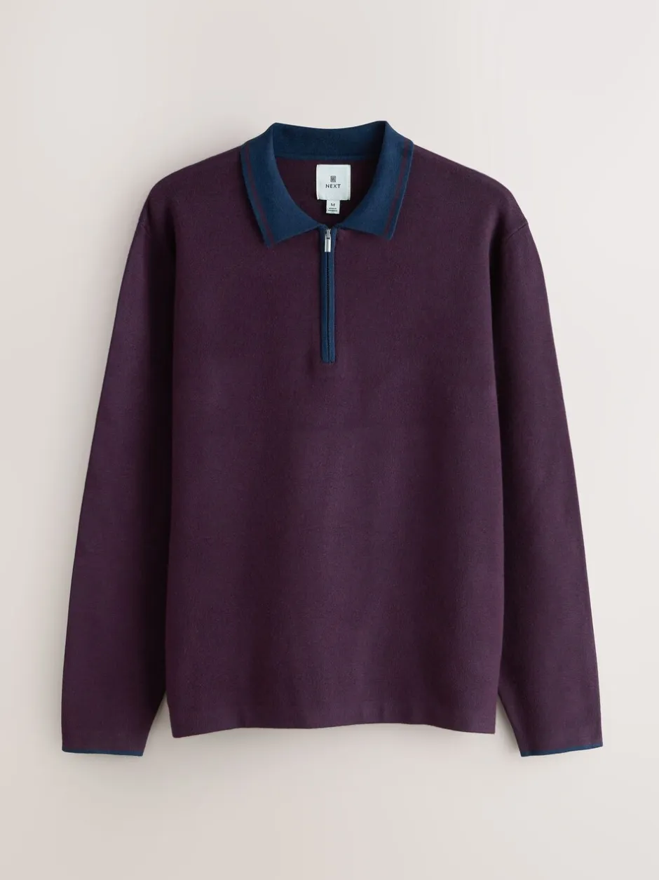 Poloshirts*Next Paars/marineblauw - Half met rits - Regular Fit Premium Mid Weight Long Sleeve Knit Polo Shirt