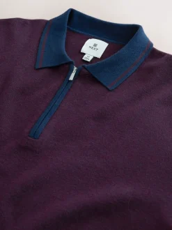 Poloshirts*Next Paars/marineblauw - Half met rits - Regular Fit Premium Mid Weight Long Sleeve Knit Polo Shirt