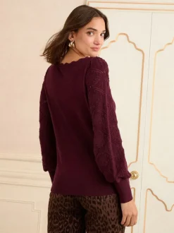 Gebreide Kleding|Love & Roses Paarsrood - gebreide trui met noppensteek en geschulpte rand
