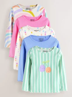 Tops|Tops*Next Pastelkleurige regenboogprint - Verpakking van 5 geribde tops met lange mouwen (3mnd-7jr)