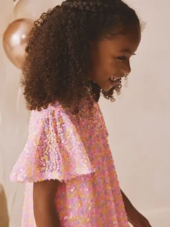 Gebreide Kleding|Jurken|Next Pastelroze - Feestelijke jurk met engelmouwen en pailletten (3-16jr)