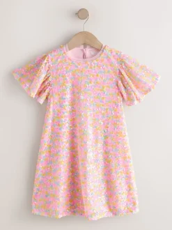 Gebreide Kleding|Jurken|Next Pastelroze - Feestelijke jurk met engelmouwen en pailletten (3-16jr)