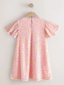 Gebreide Kleding|Jurken|Next Pastelroze - Feestelijke jurk met engelmouwen en pailletten (3-16jr)