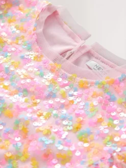 Gebreide Kleding|Jurken|Next Pastelroze - Feestelijke jurk met engelmouwen en pailletten (3-16jr)