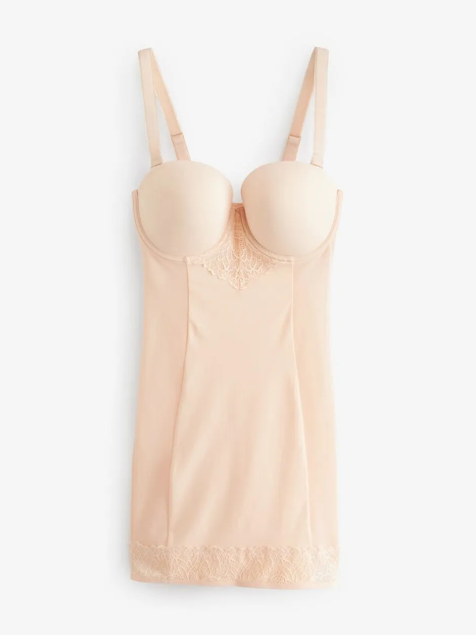 Shapewear|Next Pastelroze nude - Kanten DD+ slipdress met lichte vulling en sterke buikcorrectie