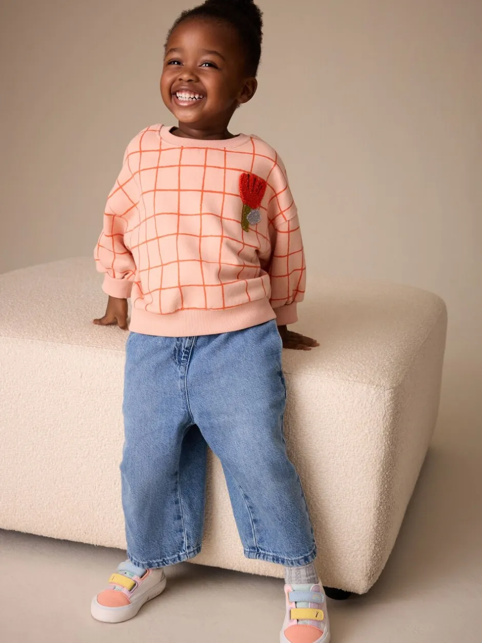 Truien En Breisels|Sweaters En Hoody´S*Next Perzikroze raster - Sweatshirt met ronde hals (3 mnd-7 jr)