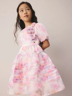 Gelegenheidskleding|Jurken*Laura Ashley - Corsage Organza Pintuck Dress Pink Garden Roses Blurred