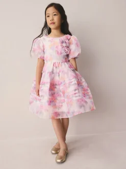 Gelegenheidskleding|Jurken*Laura Ashley - Corsage Organza Pintuck Dress Pink Garden Roses Blurred