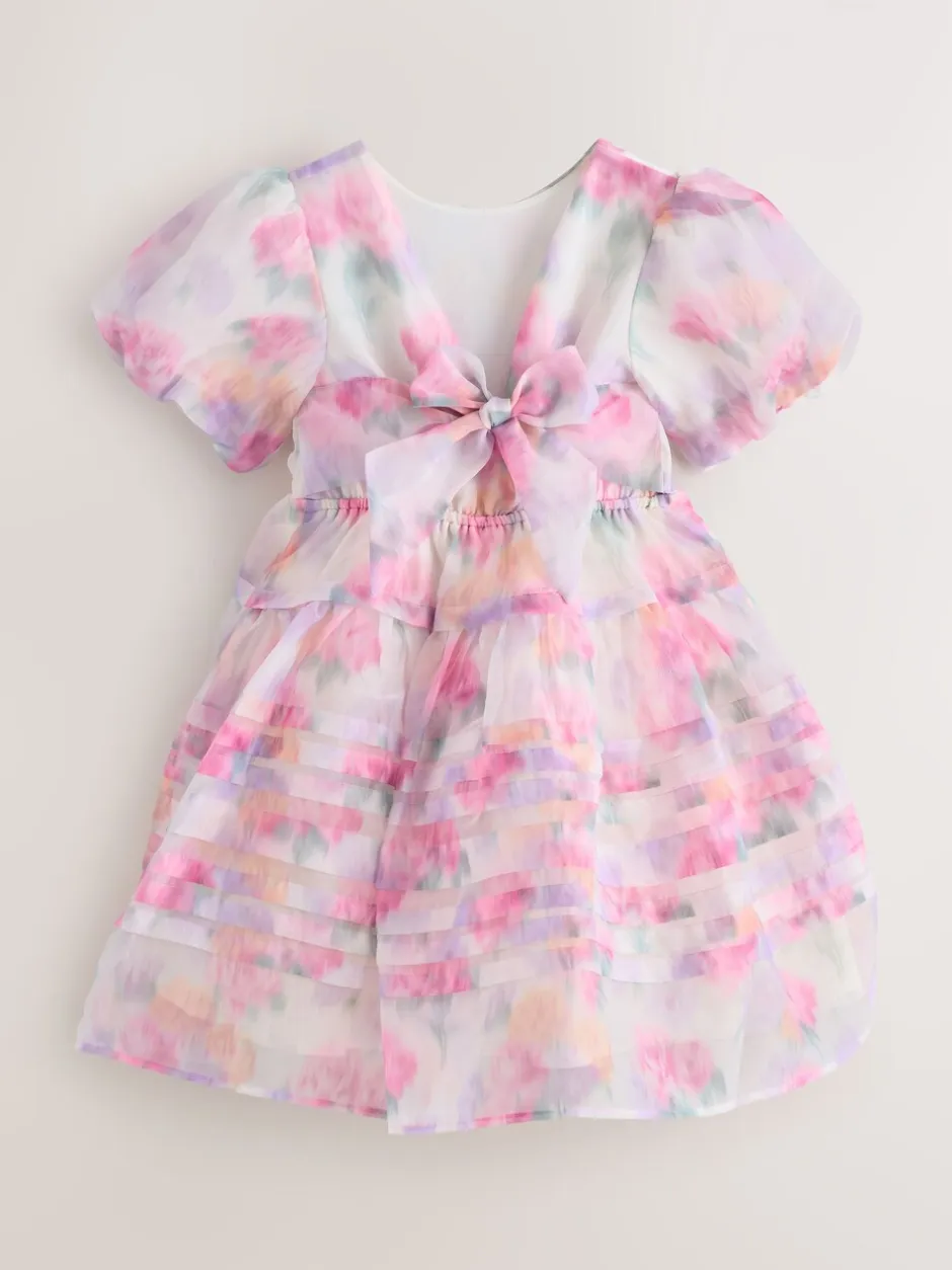 Gelegenheidskleding|Jurken*Laura Ashley - Corsage Organza Pintuck Dress Pink Garden Roses Blurred