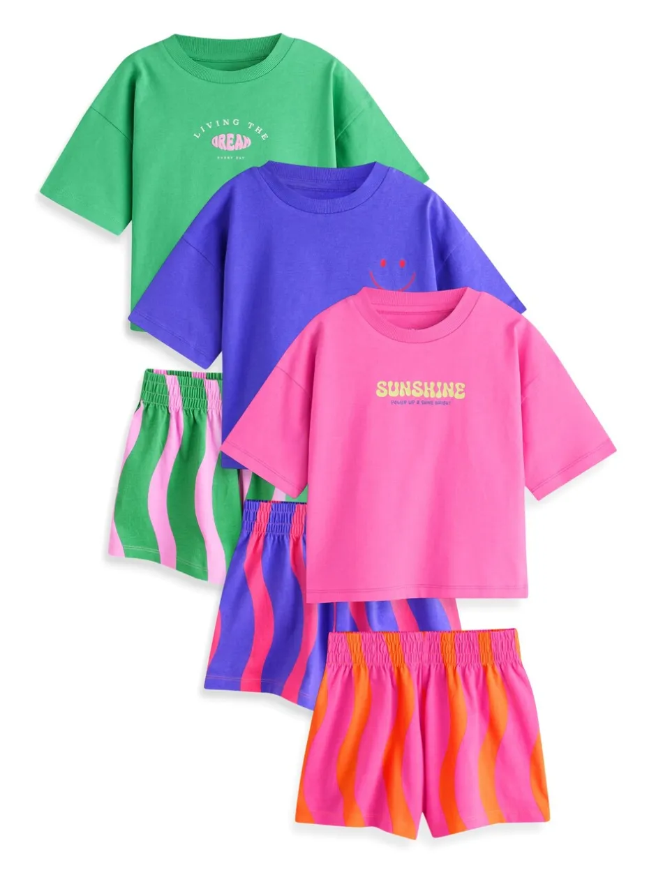 Nachtkleding En Pyjama's|Pyjama's|Next Pink/Green Bright Wavy Print - Set van 3 pyjama's met short (3-16 jr)