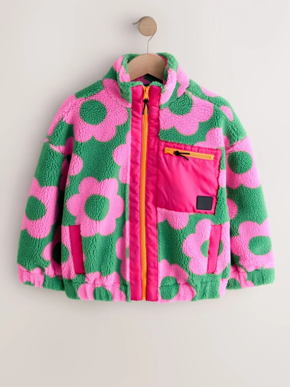 Jassen En Jacks|Sweaters En Hoody´S*Next - Zip Up Borg Jacket (3-16yrs) Pink/Green Flower