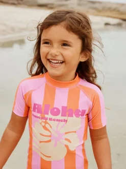 Badkleding|Badkleding|Next - Zonbeschermende zwemset met korte mouwen (3mnd-10jr) Pink/Orange Stripe Hibiscus