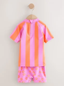 Badkleding|Badkleding|Next - Zonbeschermende zwemset met korte mouwen (3mnd-10jr) Pink/Orange Stripe Hibiscus