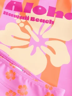 Badkleding|Badkleding|Next - Zonbeschermende zwemset met korte mouwen (3mnd-10jr) Pink/Orange Stripe Hibiscus