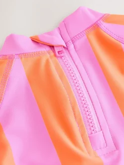 Badkleding|Badkleding|Next - Zonbeschermende zwemset met korte mouwen (3mnd-10jr) Pink/Orange Stripe Hibiscus