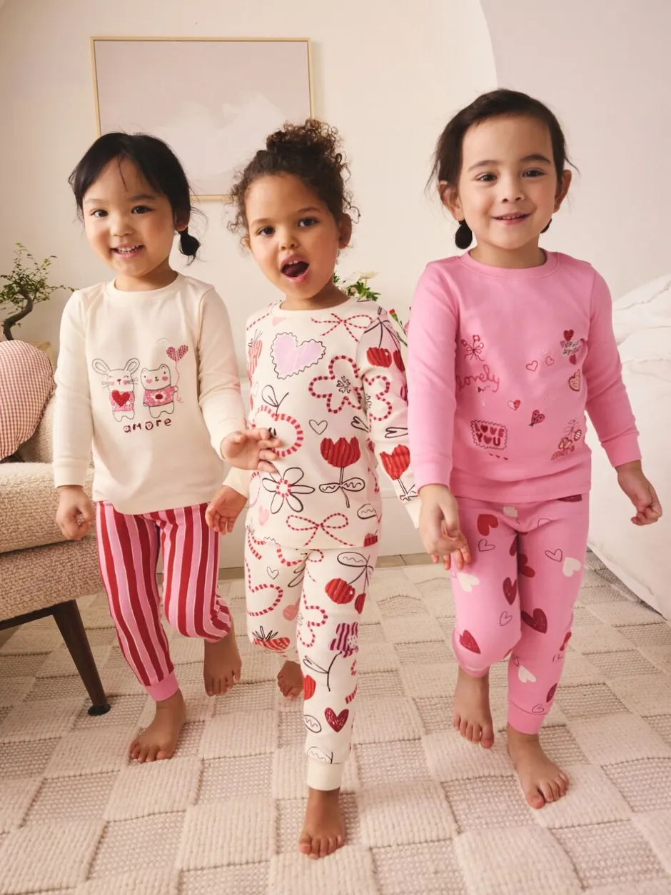 Nachtkleding En Pyjama's|Pyjama's|Next Pink/Red Galentines - Verpakking van 3 knusse pyjama's (9 mnd-12 jr)