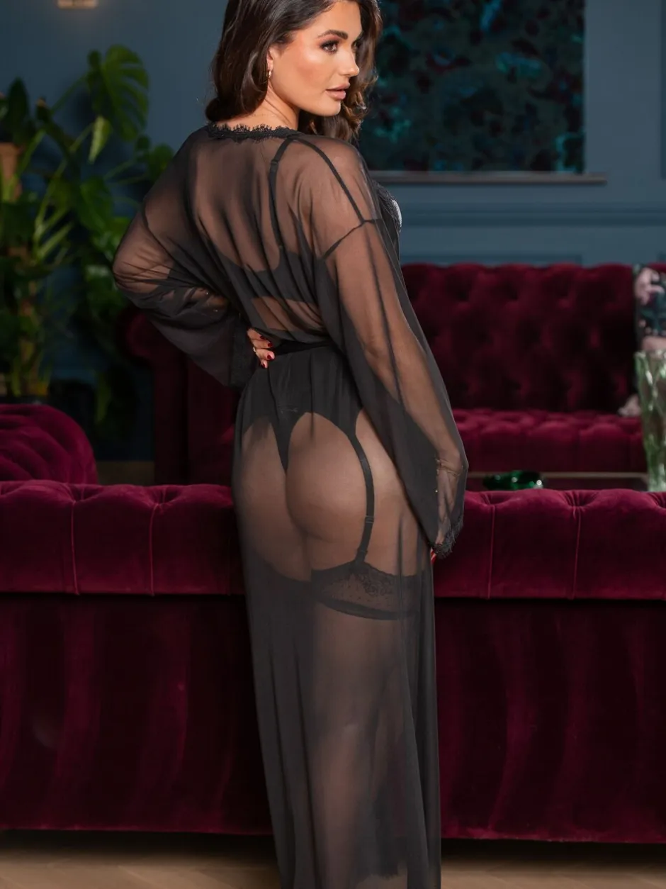Badjassen*Pour Moi - Lange boudoirjurk van mesh en kant