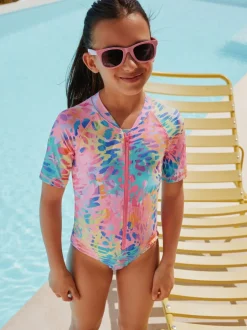Badkleding|Next - Short Sleeved Sunsafe Swimsuit (3mths-16yrs) Rainbow Animal Tie Dye