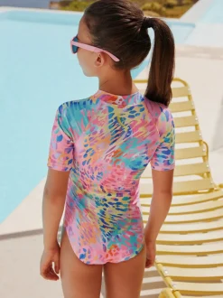 Badkleding|Next - Short Sleeved Sunsafe Swimsuit (3mths-16yrs) Rainbow Animal Tie Dye