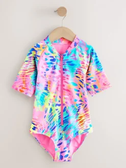 Badkleding|Next - Short Sleeved Sunsafe Swimsuit (3mths-16yrs) Rainbow Animal Tie Dye