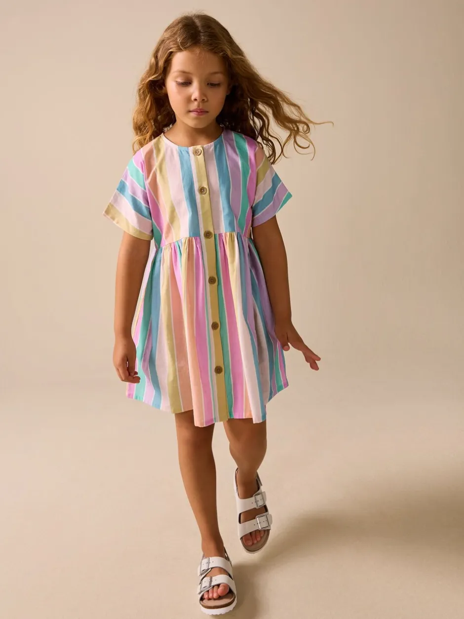 Jurken|Next - Stripe Short Sleeve Button Through Dress (3-16yrs) Regenboog